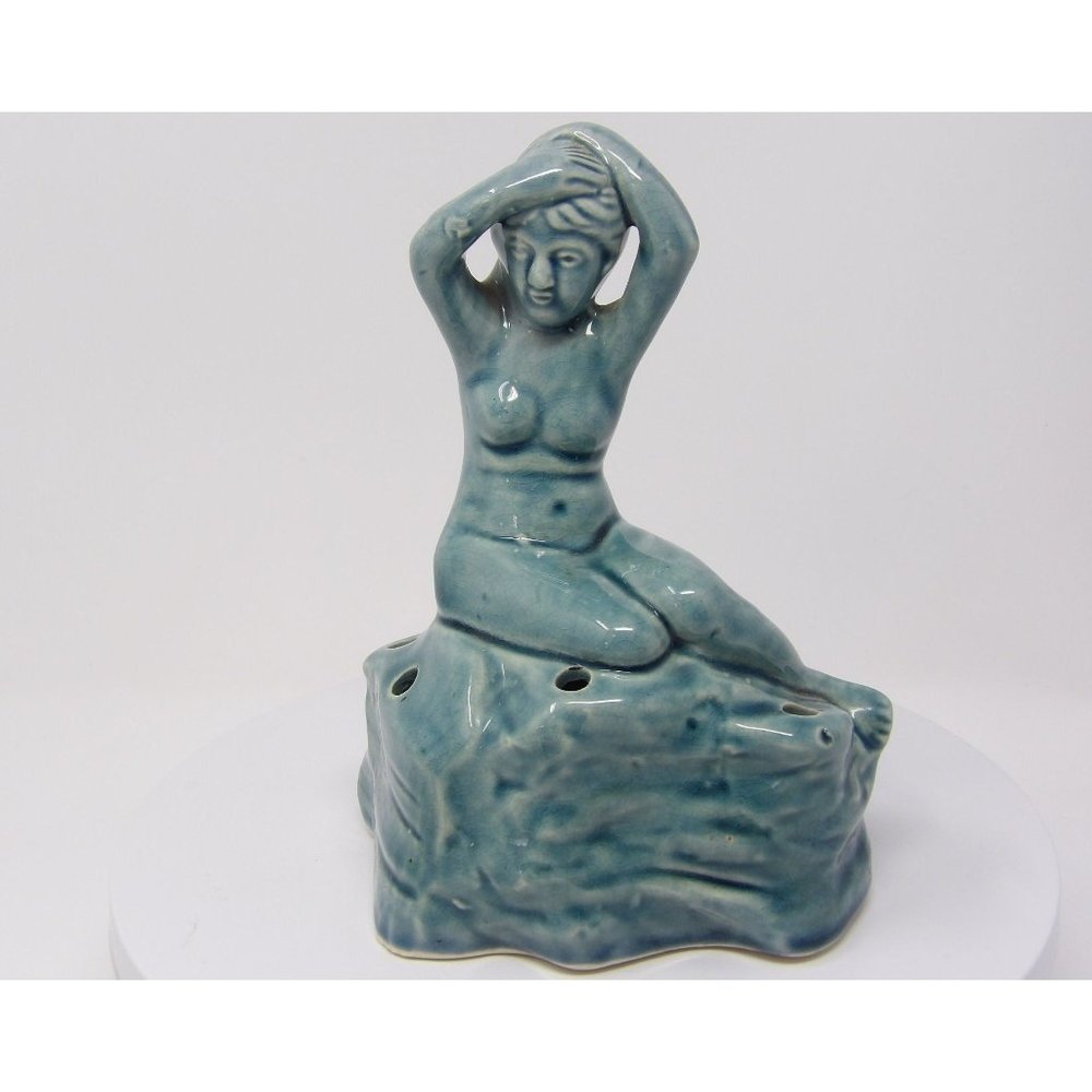 Antique Art Nouveau Yankoware Risque Nude Naked Lady  Flower Frog Turquoise Cele